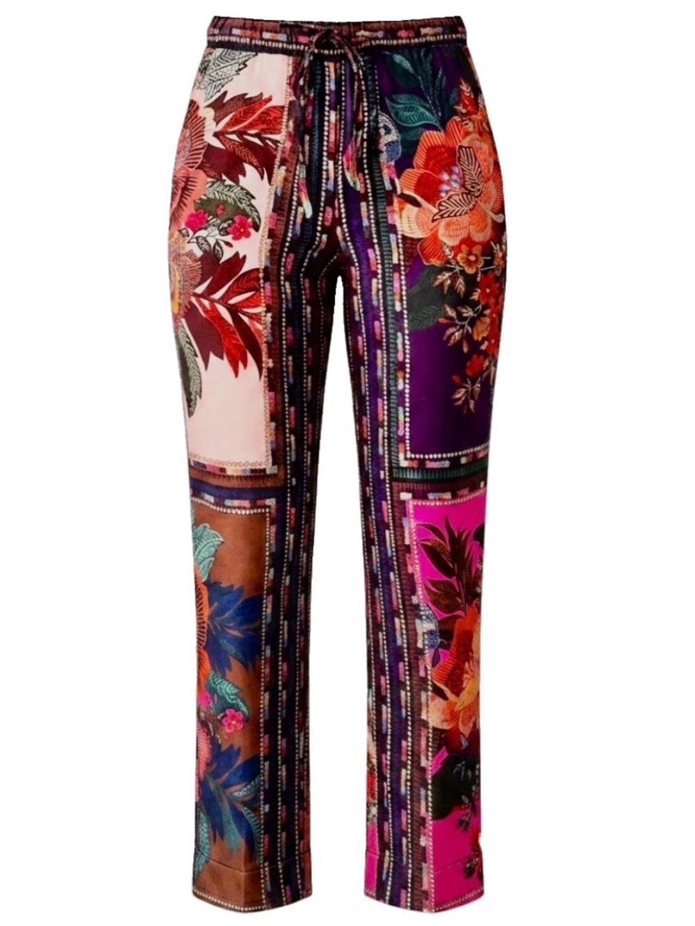 Farm Rio Mixed Scarves Pants S Satin Bohemian Charm Floral Vivid Colors